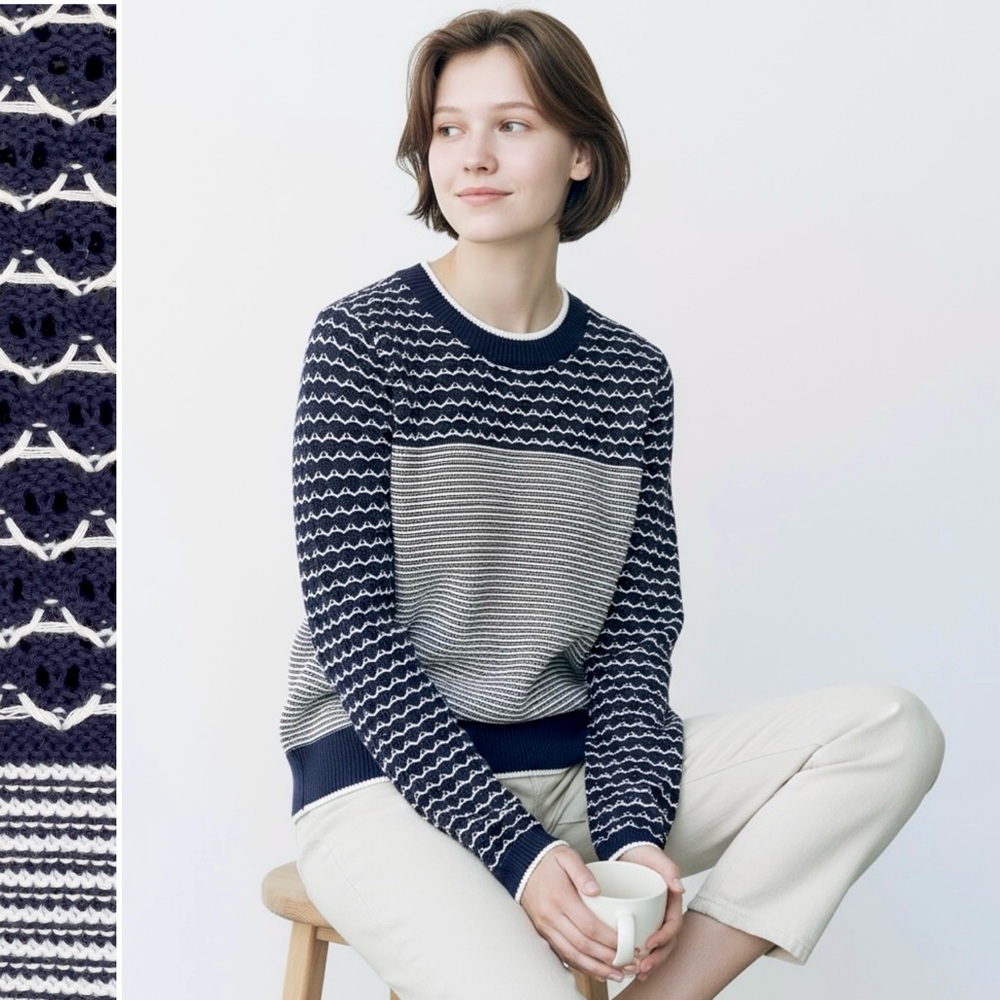LOFT Crochet Knit Sweater Striped 100% Cotton Long Sleeve Navy/White Round Neck
